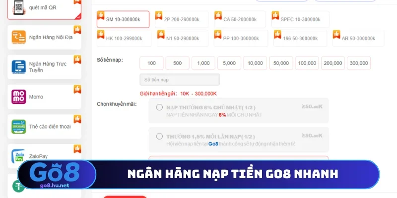 Ngân hàng nạp tiền Go8 nhanh